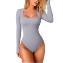 Body de manga larga con escote cuadrado y textura acanalada