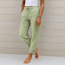 Pantalón de mezcla de lino elástico para mujer con cordón