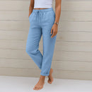 Pantalón de mezcla de lino elástico para mujer con cordón