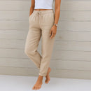 Pantalón de mezcla de lino elástico para mujer con cordón