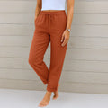 Pantalón de mezcla de lino elástico para mujer con cordón