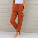 Pantalón de mezcla de lino elástico para mujer con cordón