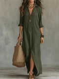 Vestido largo de mujer con cuello y botones decorativos