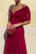 Vestido largo de mujer con escote en V y cintura plisada
