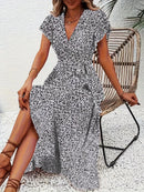 Vestido largo cruzado de mujer con cintura de lazo