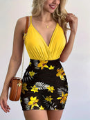 Conjunto de body ajustado y falda de estampado floral para mujer