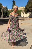 Vestido largo de mujer con escote en V y cintura plisada
