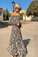 Vestido largo de mujer con escote en V y cintura plisada