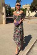 Vestido largo de mujer con escote en V y cintura plisada