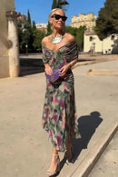 Vestido largo de mujer con escote en V y cintura plisada