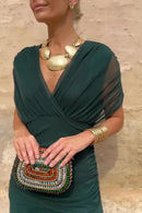 Vestido largo de mujer con escote en V y cintura plisada