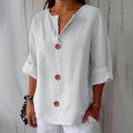 Camisa de mujer con escote en V y botones de madera