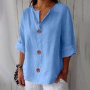 Camisa de mujer con escote en V y botones de madera