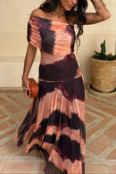 Vestido largo de fiesta con hombros descubiertos y cintura drapeada