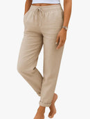 Pantalón de mezcla de lino elástico para mujer con cordón