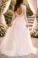 Vestido de novia largo con corpiño de encaje y manga larga