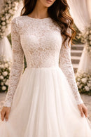 Vestido de novia largo con corpiño de encaje y manga larga