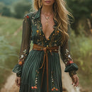 Vestido boho largo con mangas transparentes y cintura definida