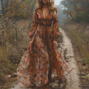 Vestido boho largo con mangas transparentes y cintura definida