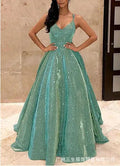 Vestido de gala largo con brillo, tirantes finos, escote en V y corte en A para mujer