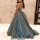 Vestido de gala largo con brillo, tirantes finos, escote en V y corte en A para mujer