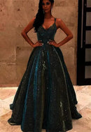 Vestido de gala largo con brillo, tirantes finos, escote en V y corte en A para mujer