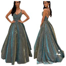 Vestido de gala largo con brillo, tirantes finos, escote en V y corte en A para mujer