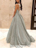 Vestido de gala largo con brillo, tirantes finos, escote en V y corte en A para mujer
