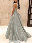 Vestido de gala largo con brillo, tirantes finos, escote en V y corte en A para mujer