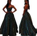Vestido de gala largo con brillo, tirantes finos, escote en V y corte en A para mujer
