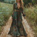 Vestido boho largo con mangas transparentes y cintura definida