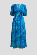 Vestido midi de mujer con escote en V y mangas abullonadas