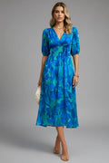 Vestido midi de mujer con escote en V y mangas abullonadas