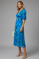 Vestido midi de mujer con escote en V y mangas abullonadas