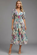 Vestido midi de mujer con escote en V y mangas abullonadas