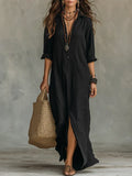 Vestido largo de mujer con cuello y botones decorativos