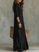 Vestido largo de mujer con cuello y botones decorativos