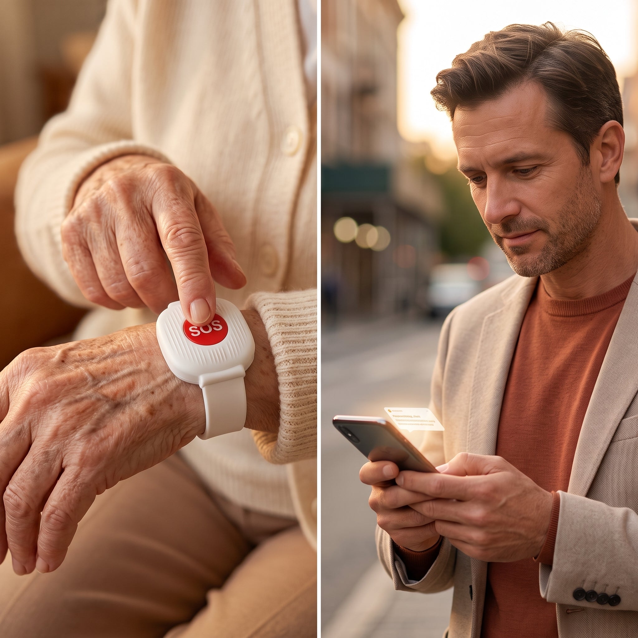 Persona pulsando el botón de la pulsera y familiar consultando su teléfono
