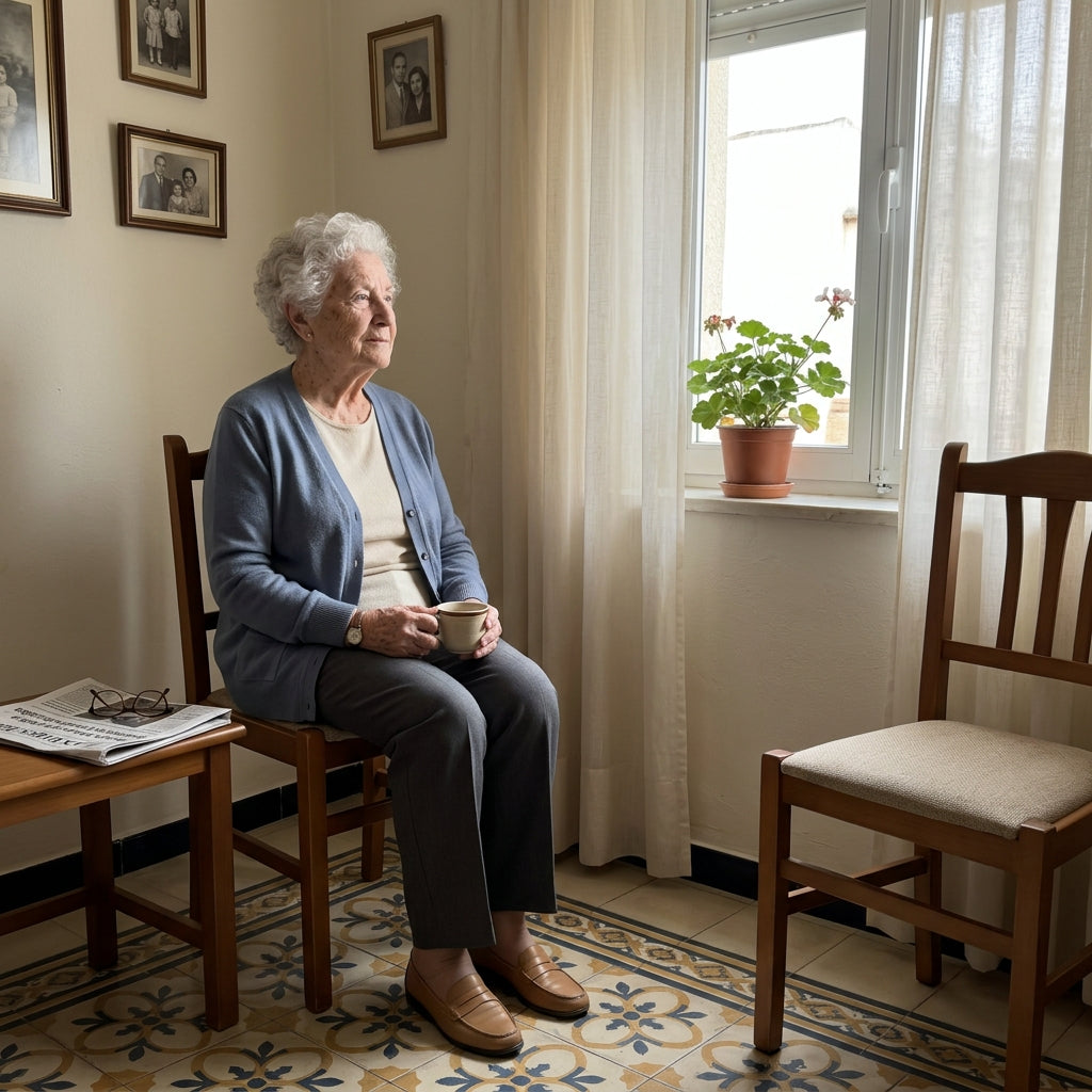 Persona mayor sentada en el living de su casa