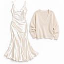Conjunto Crema de Vestido + Suéter de Escote en V — Foto de la oferta completa