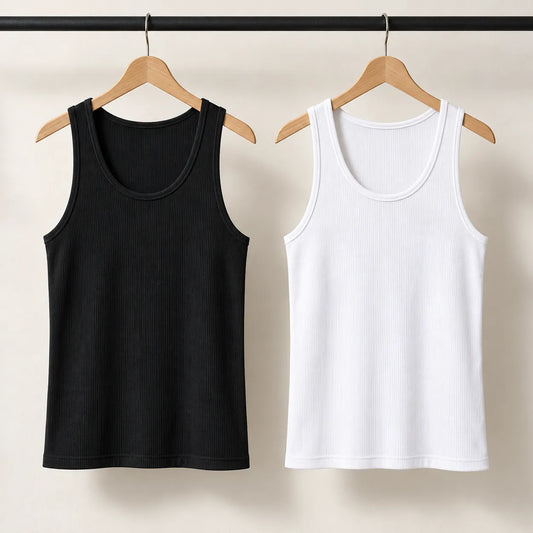 Pack ilustrativo de 2 camisetas sin mangas: negro y blanco. Color y talla se eligen por prenda.