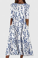 Vestido midi floral para mujer en línea A con cuello redondo