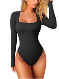 Body de manga larga con escote cuadrado y textura acanalada