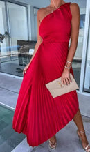 Vestido largo plisado de fiesta con un hombro descubierto