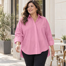 Camisa rosa de corte amplio y manga larga en una combinación casual