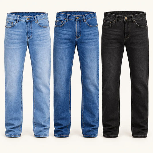 Kit de tres jeans Bravus: azul claro, azul y negro