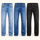 Kit de tres jeans Bravus: azul claro, azul y negro