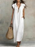 Vestido boho largo de mujer de corte fluido con volantes