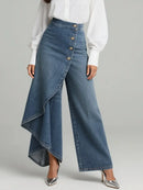 Jeans de mujer de tiro alto y pierna ancha con bolsillos