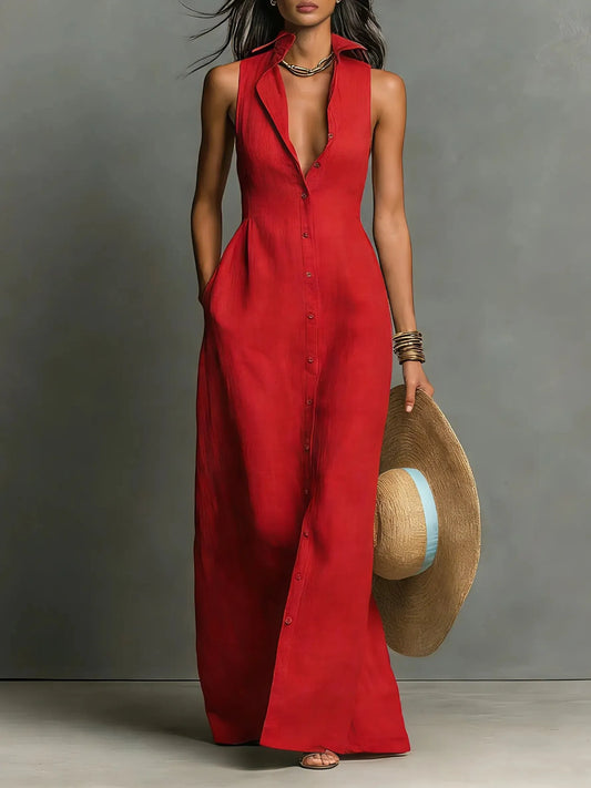 Penelope | Vestido camisero maxi de mezcla de lino sin mangas y con botones